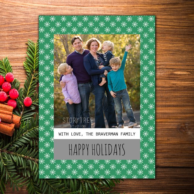 Green Simple Snowflake Holiday Photo Flat Card (Green Simple Snowflake Holiday Photo Card)