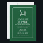 Green Simple Torah Bar Mitzvah Invitation<br><div class="desc">A graphic image of a Torah makes a striking image on this unique Bar Mitzvah invitation. A deep green background offsets a rounded rectangular panel holding customised invitation text. The reverse highlights the Bar Mitzvah's boy's name, date of the event and extra text which can be customised or deleted entirely....</div>