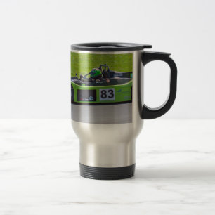 Green single seater race car travel mug