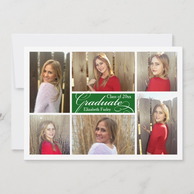 Green Six Photo Collage Custom Graduation Invitation (Front)
