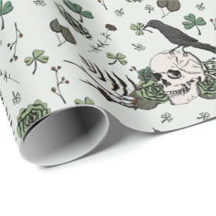Green Skull and Roses Pattern St Patricks Day Goth Wrapping Paper