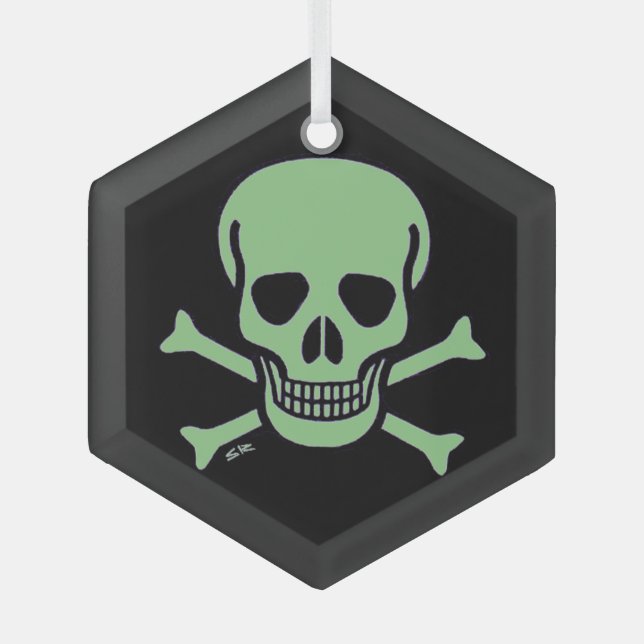 Green Skull black glass hexagon ornament (Front)