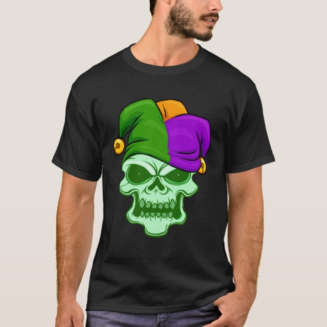 Green Skull Face Mardi Gras Jester Hat Louisiana C T-Shirt (Front)