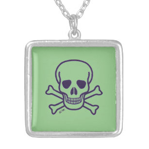 Green Skull green silver plated sq necklace