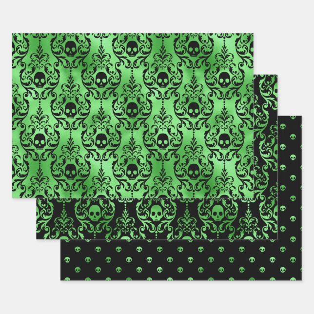 Green Skull Halloween Damask Pattern Wrapping Paper Sheet (Set)