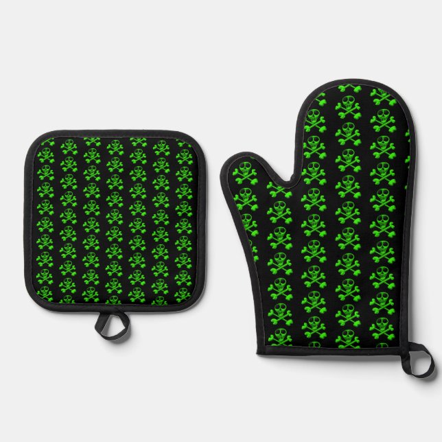 green skull oven mitt & pot holder set (Front)