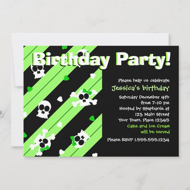 Green Skulls and Hearts Birthday Party Invitation (Front)