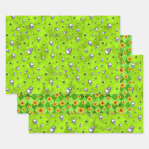 Green Skulls and Sunflower Series Design 1 Wrapping Paper Sheet