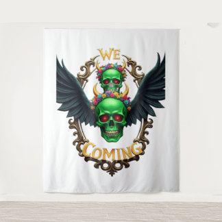 Green Skulls with Black Wings and Floral Crown in  Tapestry