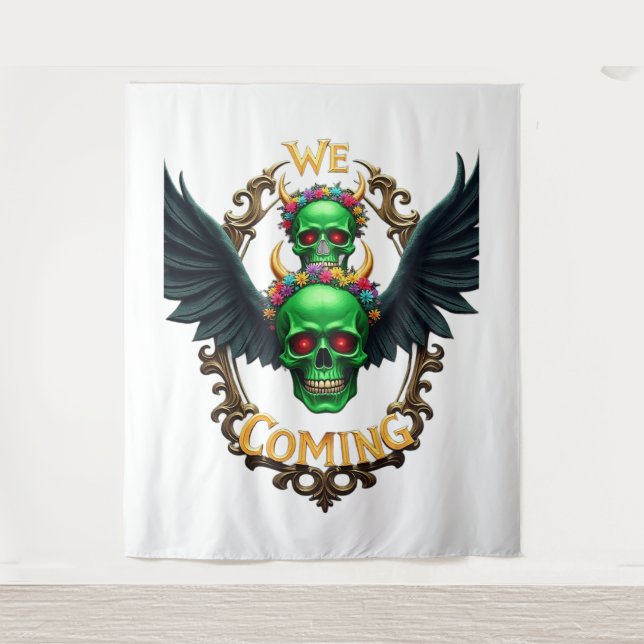 Green Skulls with Black Wings and Floral Crown in  Tapestry (Front)