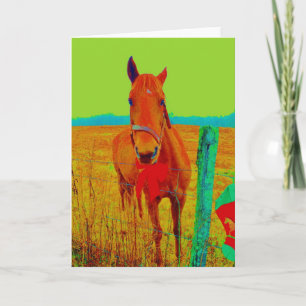 Green sky , red bow Horse : add name Holiday Card