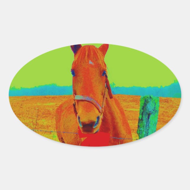 Green sky , red bow Horse : add name Oval Sticker (Front)
