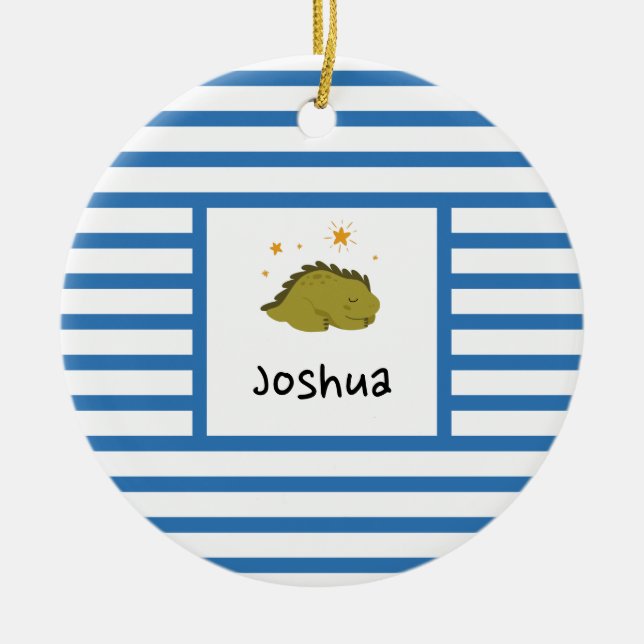 Green Sleepy Baby Dino | Navy Blue Stripe Modern Ceramic Tree Decoration (Front)