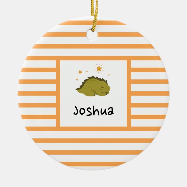 Green Sleepy Baby Dino | Orange Stripe Modern Ceramic Tree Decoration (Front)