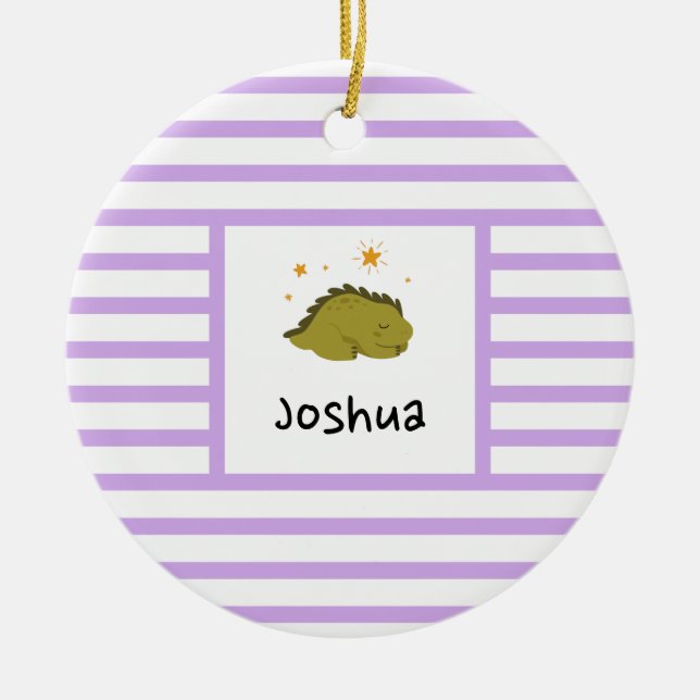 Green Sleepy Baby Dino | Purple Stripe Modern Ceramic Tree Decoration (Front)