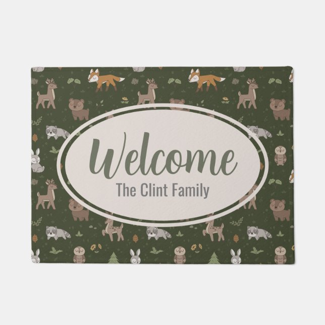 Green Sleepy Little Woodland Critters Doormat (Front)