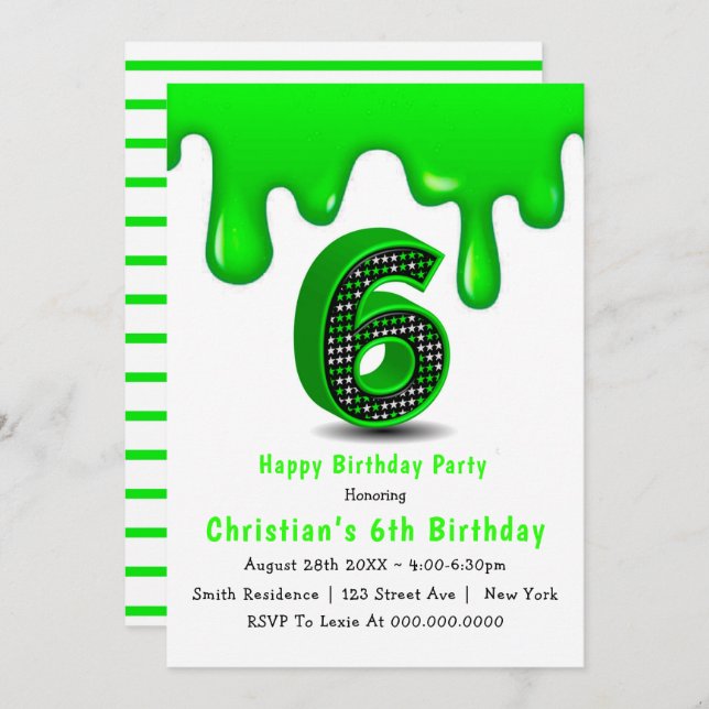 Green Slime 6th Birthday Invitations (Front/Back)