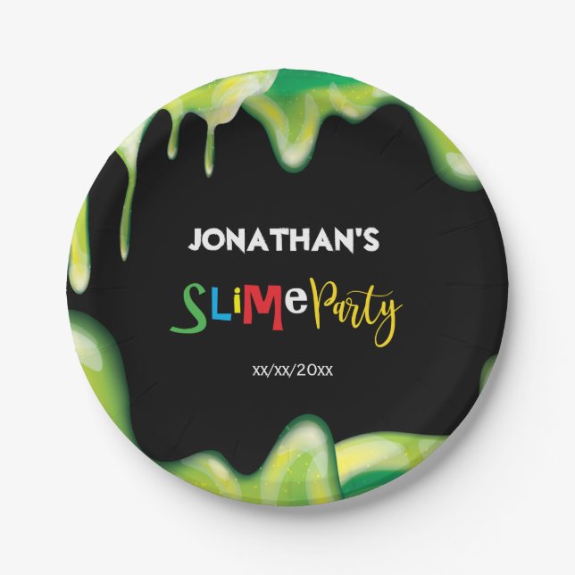 Green slime boys birthday party paper plate (Front)