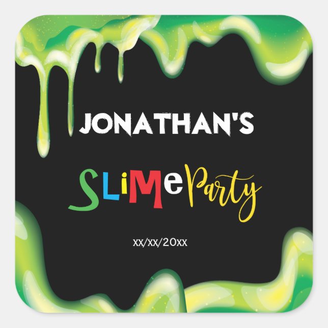 Green slime boys birthday party square sticker (Front)