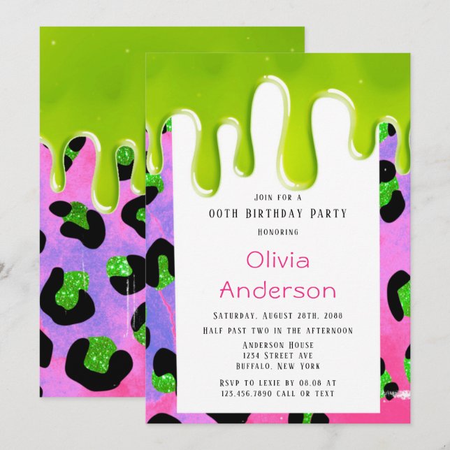 Green Slime Pink Leopard Print 00th Birthday Party Invitation (Front/Back)