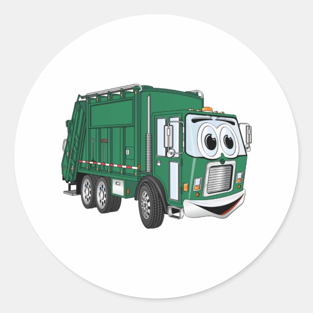 Green Smiling Garbage Truck Cartoon Classic Round Sticker (Front)