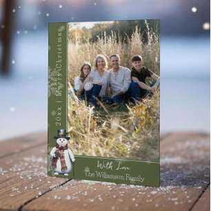 Green Smiling Snowman Photo Holiday Card