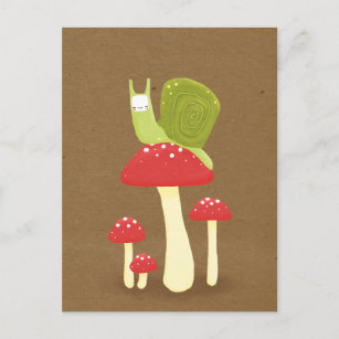 Green snail on red speckled mushrooms postcard
