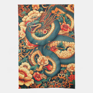 Green snake flowers tea towel