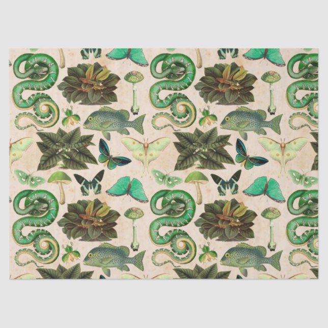 Green Snakes Fish and Butterfly Decoupage Tissue Paper (Front)