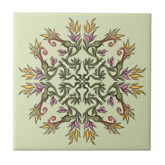 Green Snakes Floral Mandala Botanical Fantasy Art Tile