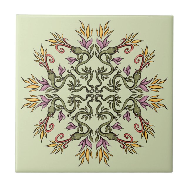 Green Snakes Floral Mandala Botanical Fantasy Art Tile (Front)