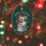 Green Snow Globe Snowflake Photo Ceramic Tree Decoration<br><div class="desc">Adorn your Christmas tree in style with this fully customisable ornament featuring a whimsical snow globe design. The ornament showcases your personal photo in the snow globe, allowing you to capture special memories with family, pets, or friends. The background is a red with a sprinkle of adorable snowflakes, creating a...</div>