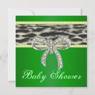 Green Snow Leopard Diamond Bow Baby Shower Invite