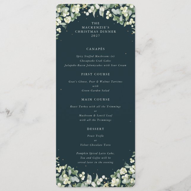 Green Snowberry Christmas Dinner Flat 4 Course Menu (Front)