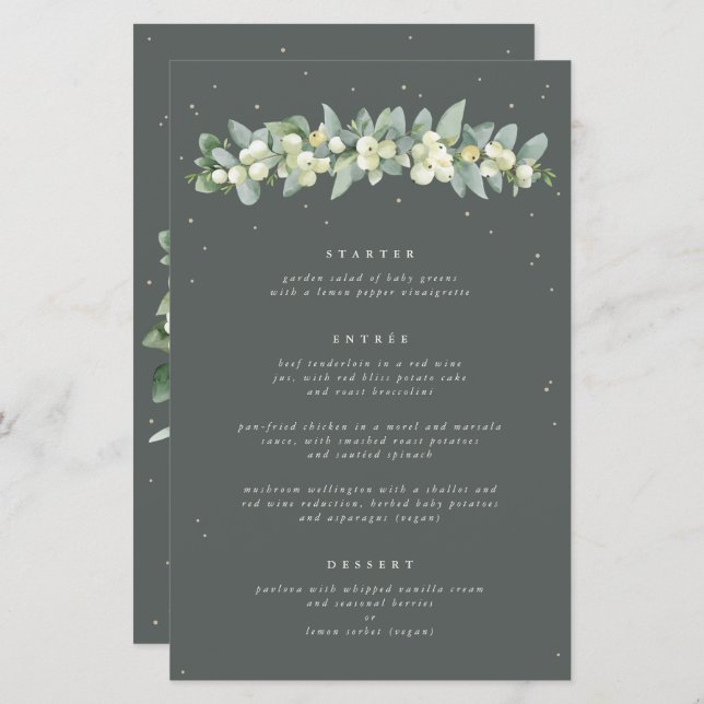 Green Snowberry+Eucalyptus 3 Course Wedding Menu (Front/Back)