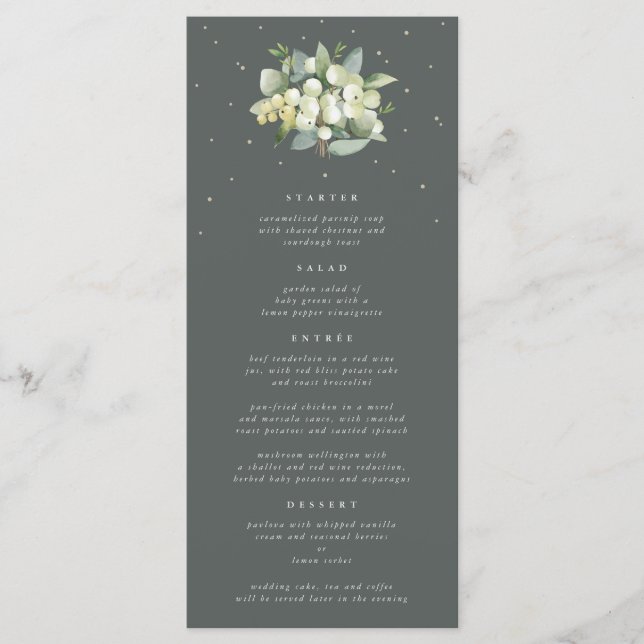 Green Snowberry+Eucalyptus 4 Course Wedding Flat Menu (Front)
