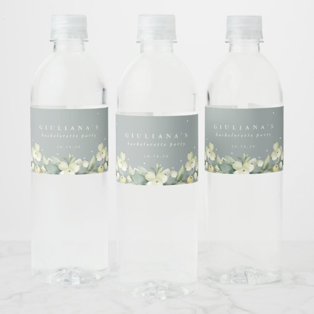 Green Snowberry+Eucalyptus Bachelorette/Shower Water Bottle Label (Bottles)