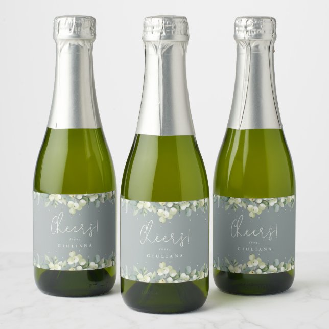 Green Snowberry+Eucalyptus Bridal Shower Mini Sparkling Wine Label (Bottles)