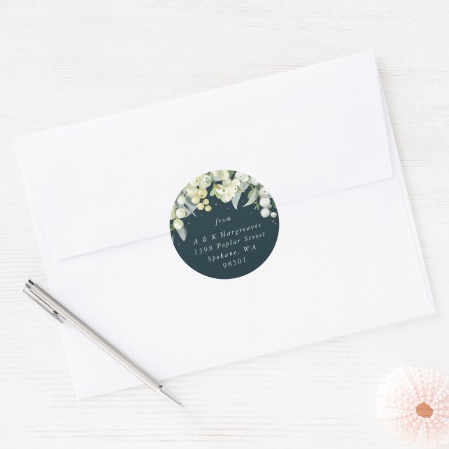 Green Snowberry+Eucalyptus Christmas Address Classic Round Sticker (Envelope)