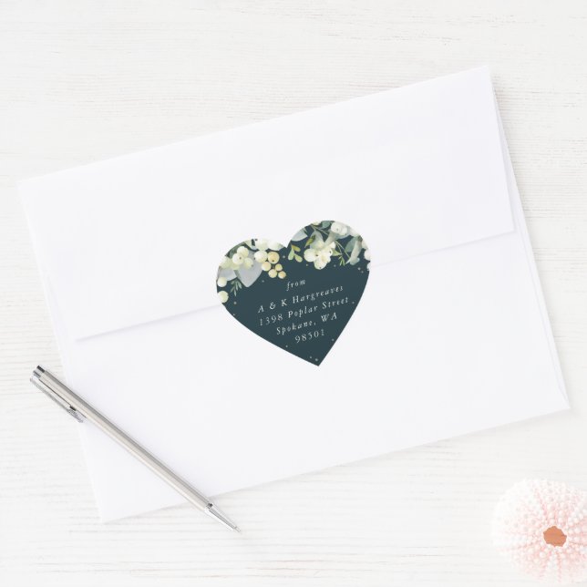 Green Snowberry+Eucalyptus Christmas Address Heart Sticker (Envelope)