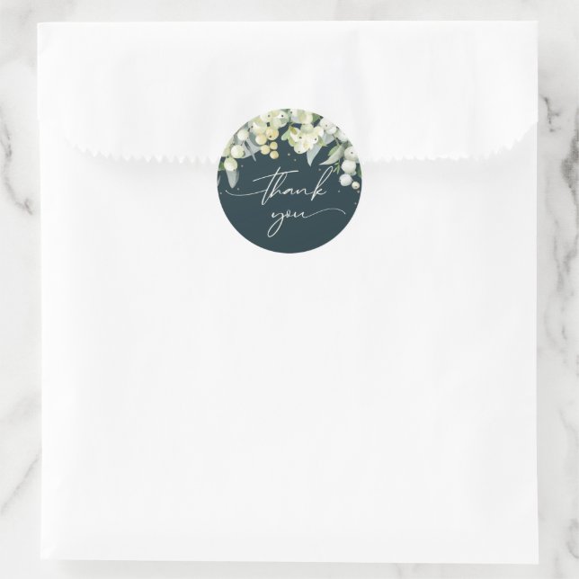 Green Snowberry+Eucalyptus Christmas Thank You Classic Round Sticker (Bag)