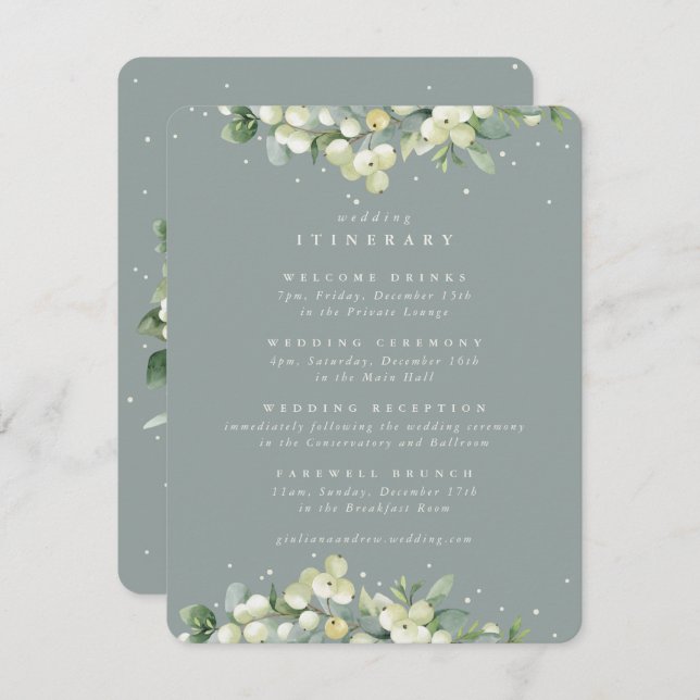 Green Snowberry+Eucalyptus Edged Wedding Itinerary Enclosure Card (Front/Back)