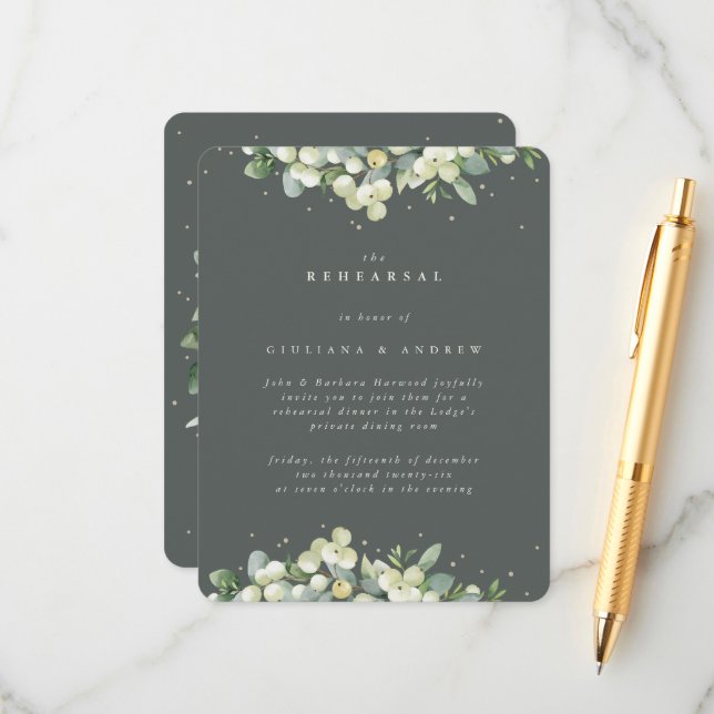Green Snowberry+Eucalyptus Edged Wedding Rehearsal Enclosure Card (Front/Back In Situ)