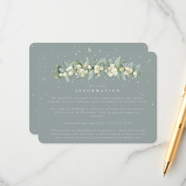 Green Snowberry+Eucalyptus Garland Wedding Info Enclosure Card (Front/Back In Situ)
