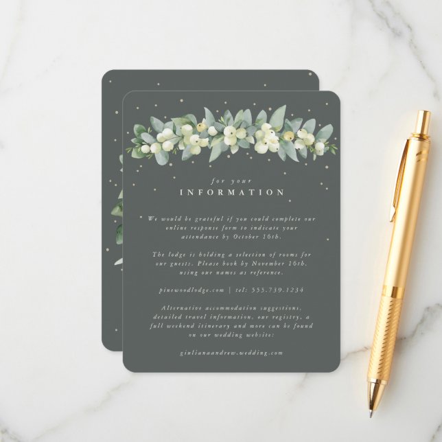 Green Snowberry+Eucalyptus Garland Wedding Info Enclosure Card (Front/Back In Situ)