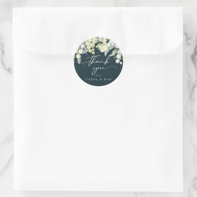 Green Snowberry+Eucalyptus Holiday Thank You Classic Round Sticker (Bag)