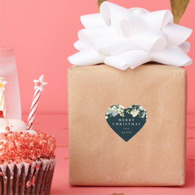 Green Snowberry+Eucalyptus Merry Christmas/Custom Heart Sticker (Party)