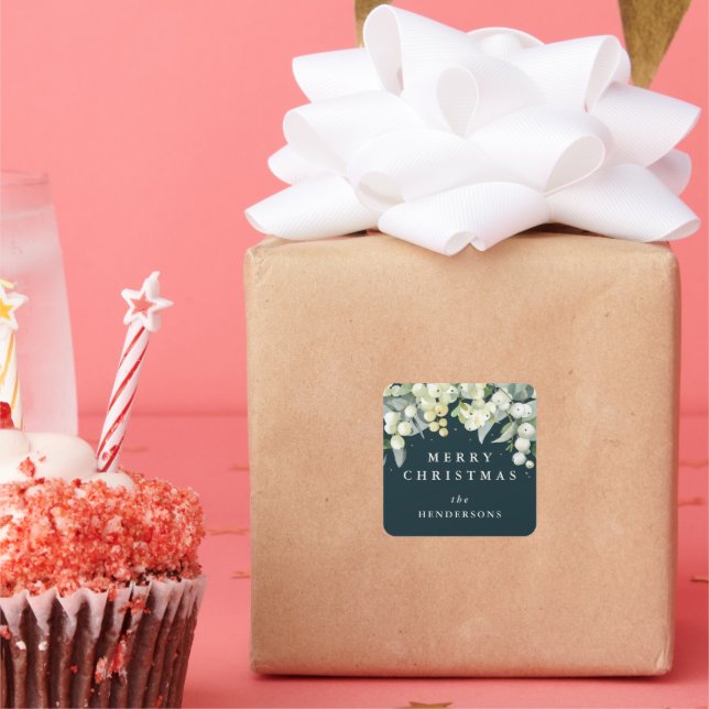 Green Snowberry+Eucalyptus Merry Christmas/Custom Square Sticker (Party)