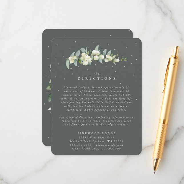 Green Snowberry+Eucalyptus Stem Wedding Directions Enclosure Card (Front/Back In Situ)
