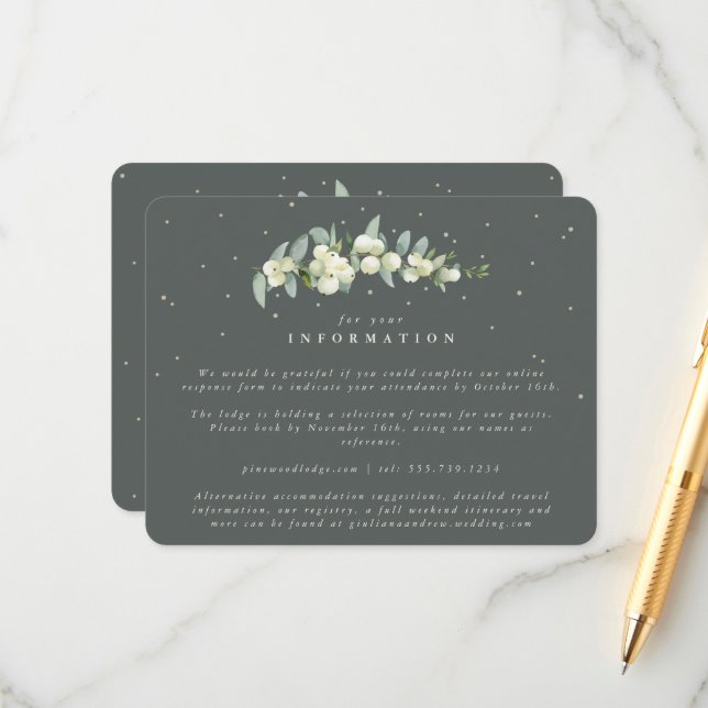 Green Snowberry+Eucalyptus Stem Wedding Info Enclosure Card (Front/Back In Situ)